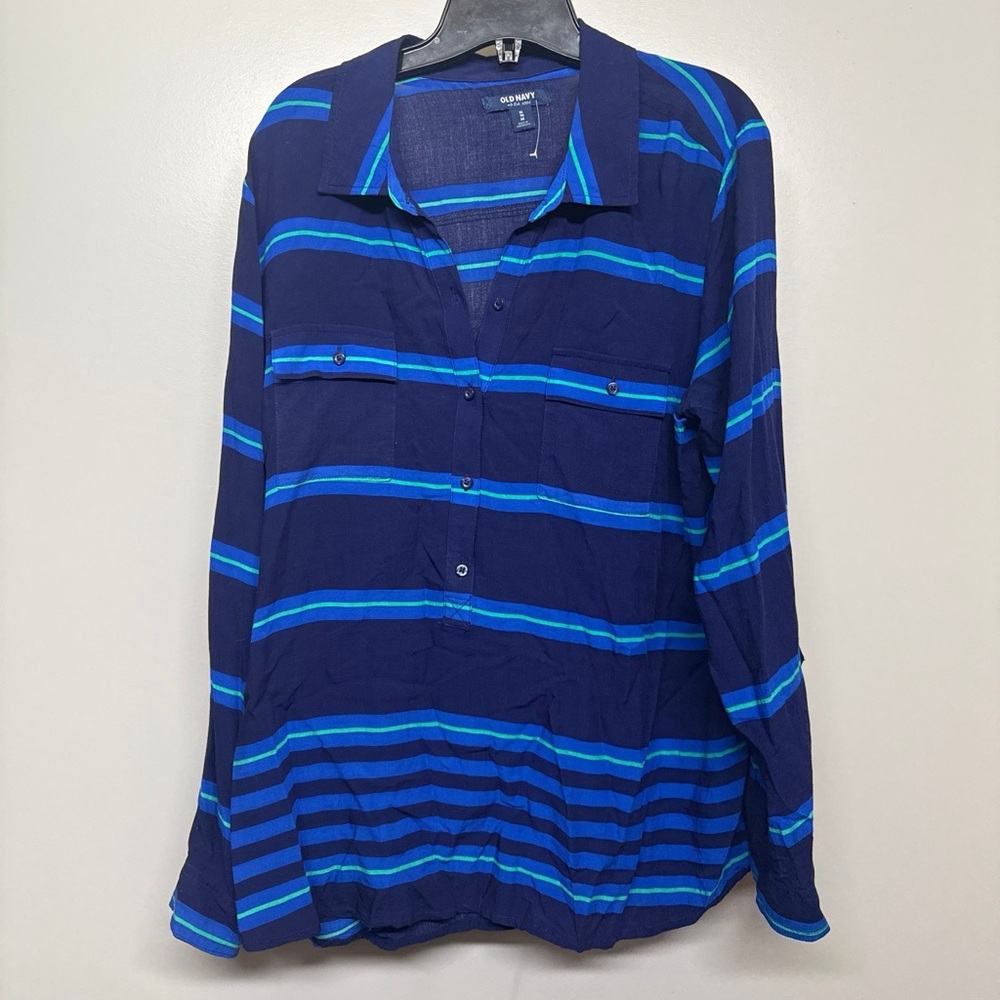 Old Navy Navy and Teal Striped Shirt